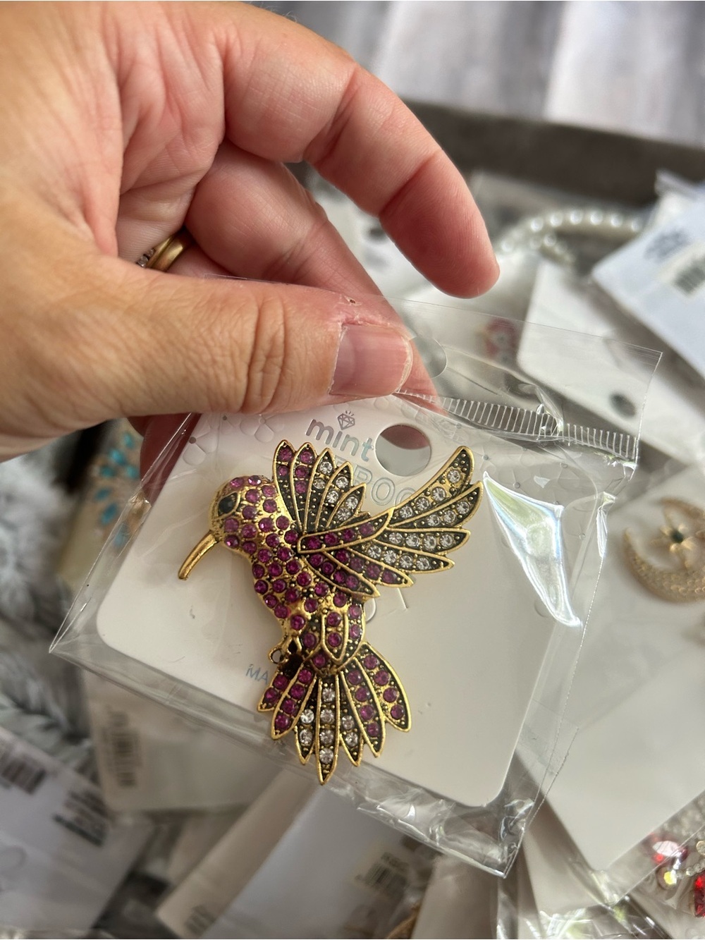 4/$50 Gold Hummingbird Brooch with Pink and Clear Stones